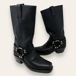 FRYE Harness 12R Leather Western Moto Boot Black Square Toe 5.5 Women’s